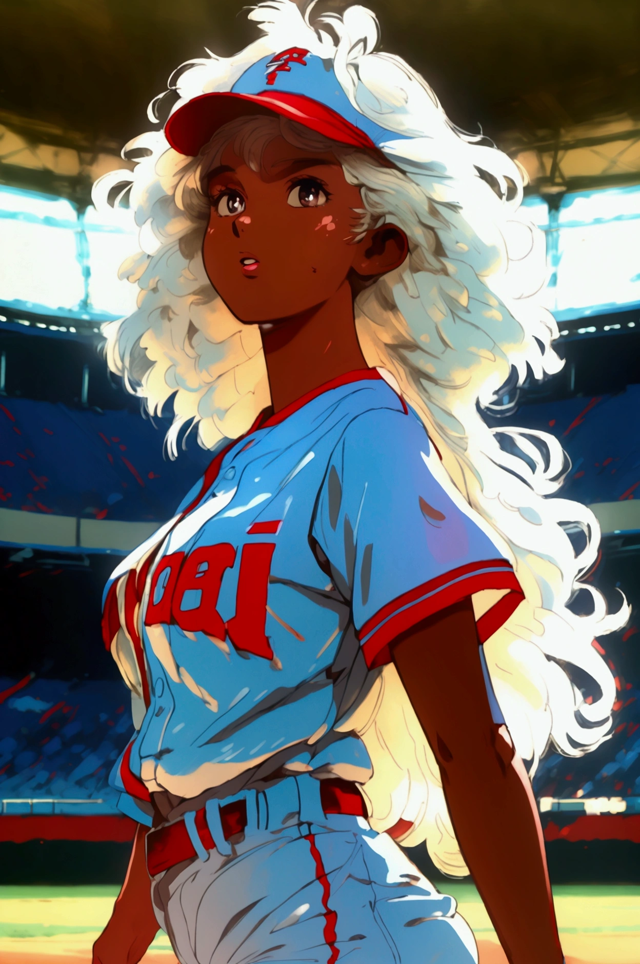 (( masterpiece ,  top quality,  High resolution,  Highly detailed 8K CG unified wallpaper)), Dark-skin African baseball player in action to throw ball, Ebony girl,  abundant white hair ,  thick legs ,  small breasts, baseball uniform . stadium background,  there is dust from the movement .