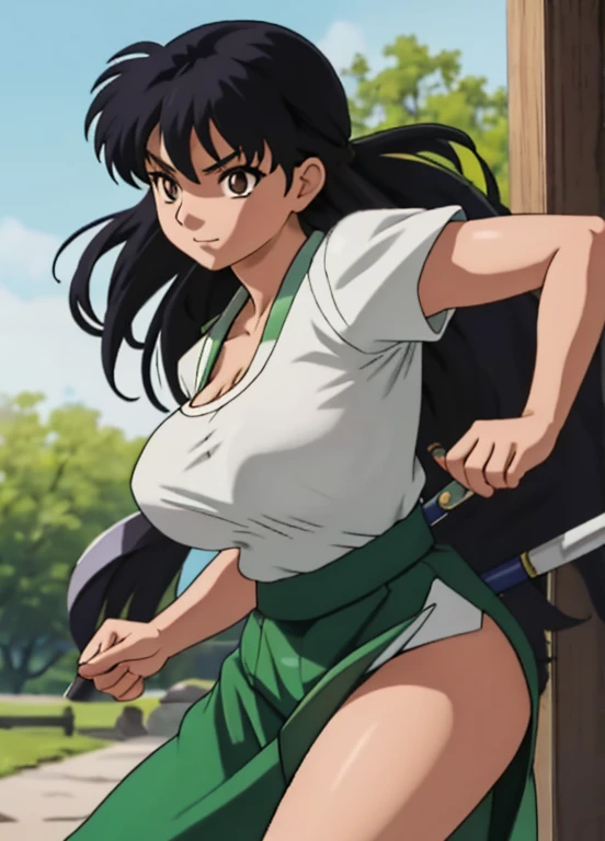 masterpiece, best quality, Kagome Higurashi, 25 years old, matured face, beautiful detailed eyes, ultra detailed eyes, extremely detailed face, large breasts, cleavage, very busty, big hips, strong muscles, athletic physique, She stands tall while wearing a short green kimono. she's looking directly at the camera with an confident smirk. Her gaze is both alluring and fierce as she is in a fighting stance. cowboy shot, Perfect Anatomy,(Professional Lighting), 4k textures, epic artistic, sharp focus, even lighting, insane details, intricate details, hyperdetailed, rich colors, BREAK Outdoors, forest, Japanese architecture in the background