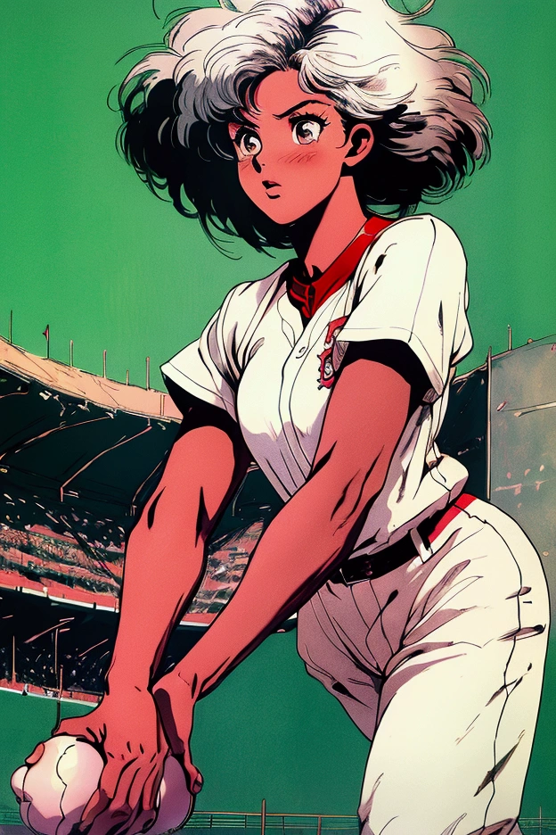 (( masterpiece ,  top quality,  High resolution,  Highly detailed 8K CG unified wallpaper)), Dark-skin African baseball player in action to throw ball, Ebony girl,  abundant white hair ,  thick legs ,  small breasts, baseball uniform . stadium background, public,  there is dust from the movement .