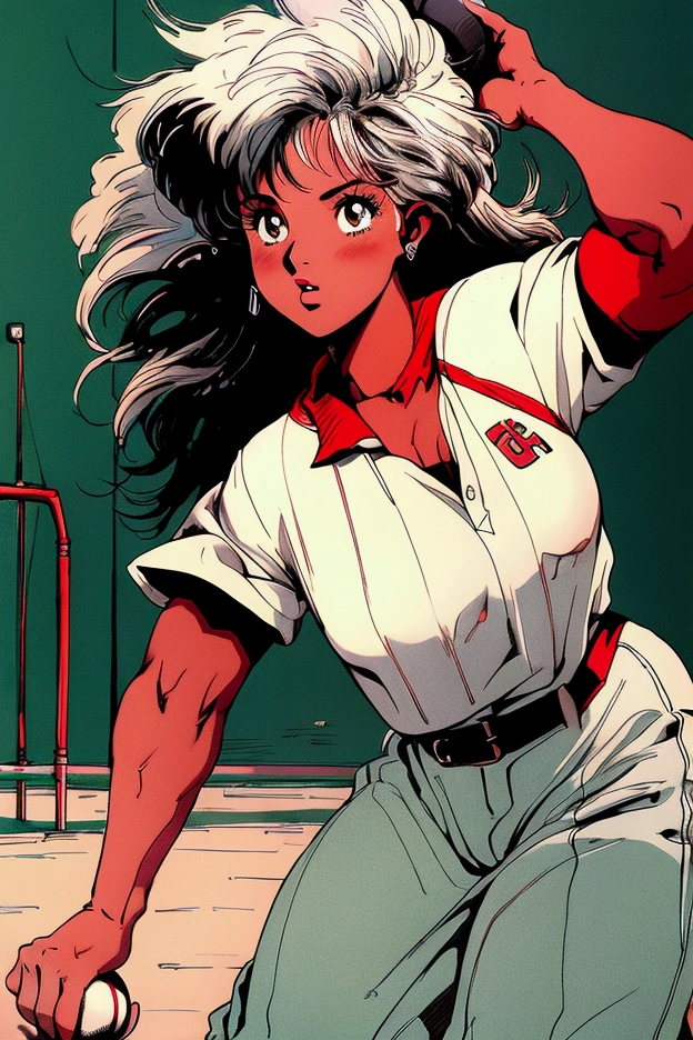 (( masterpiece ,  top quality,  High resolution,  Highly detailed 8K CG unified wallpaper)), Dark-skin African baseball player in action to throw ball, Ebony girl,  abundant white hair ,  thick legs ,  small breasts, baseball uniform . stadium background, public,  there is dust from the movement .