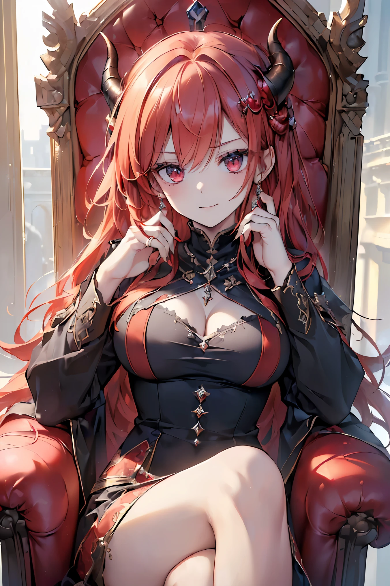 (((Best quality, 8k, Masterpiece: 1.3)), ((best quality)), ((masterpiece)), (detailed), perfect face, perfect body, (detailed skin:1.3), (intricate details), red hair, expressive hair, messy hair, demon horns, dragon horns, raised eyebrows, evil smile, demon queen, royal, throne, inferno,  jewel ring, Hair accessories