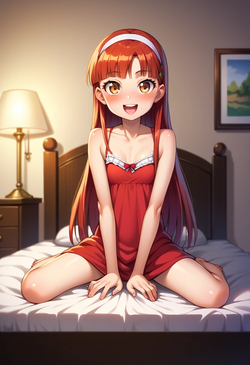 (( best quality)), ((masterpiece)), (be familiar with),  perfect face, indoor, bedroom,  viewer,
One woman,  Yukiko Aikina,
 open mouth,  ecstatic expression with hands in front of body, blush, smile,
Small breasts,  flat chested, Young girl, Lori,  kids,  girl,
 long hair,  Long Hair,
Leg spread,