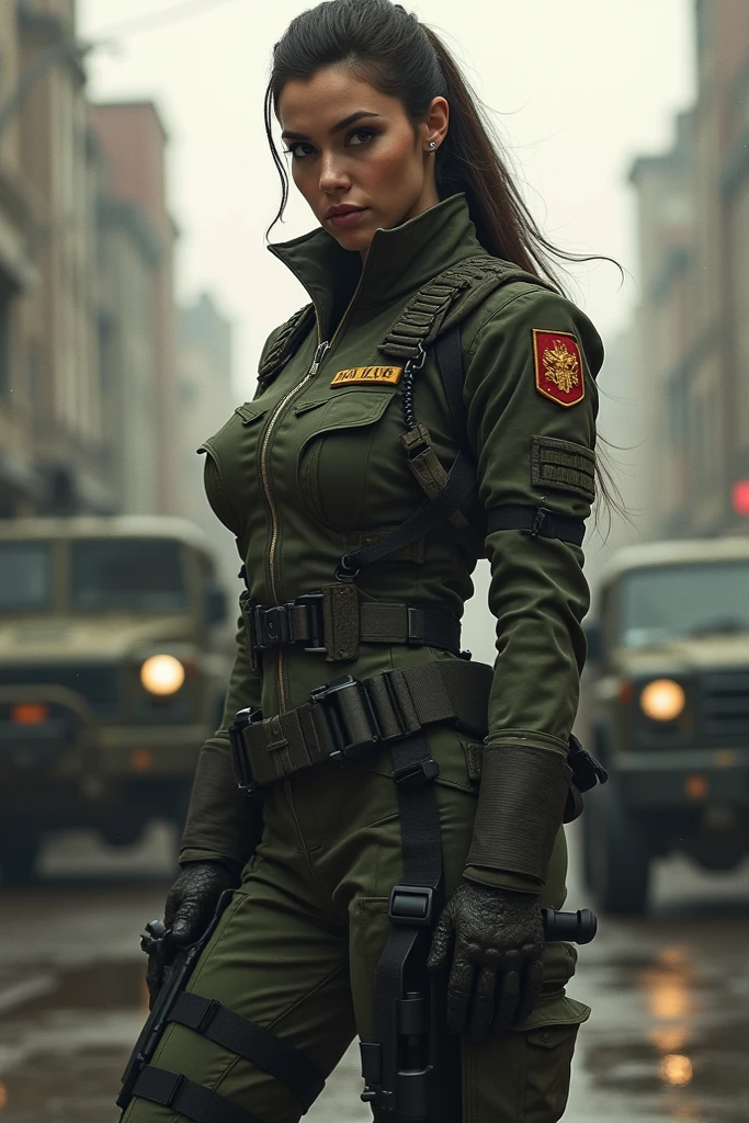 High-resolution surreal uniform beauty Angelina Jolie, wandering in the war zone, high-intensity light and shadow, photos are super, highlighting the hardships of women in uniform, presenting high-definition skin textures, a new visual experience.