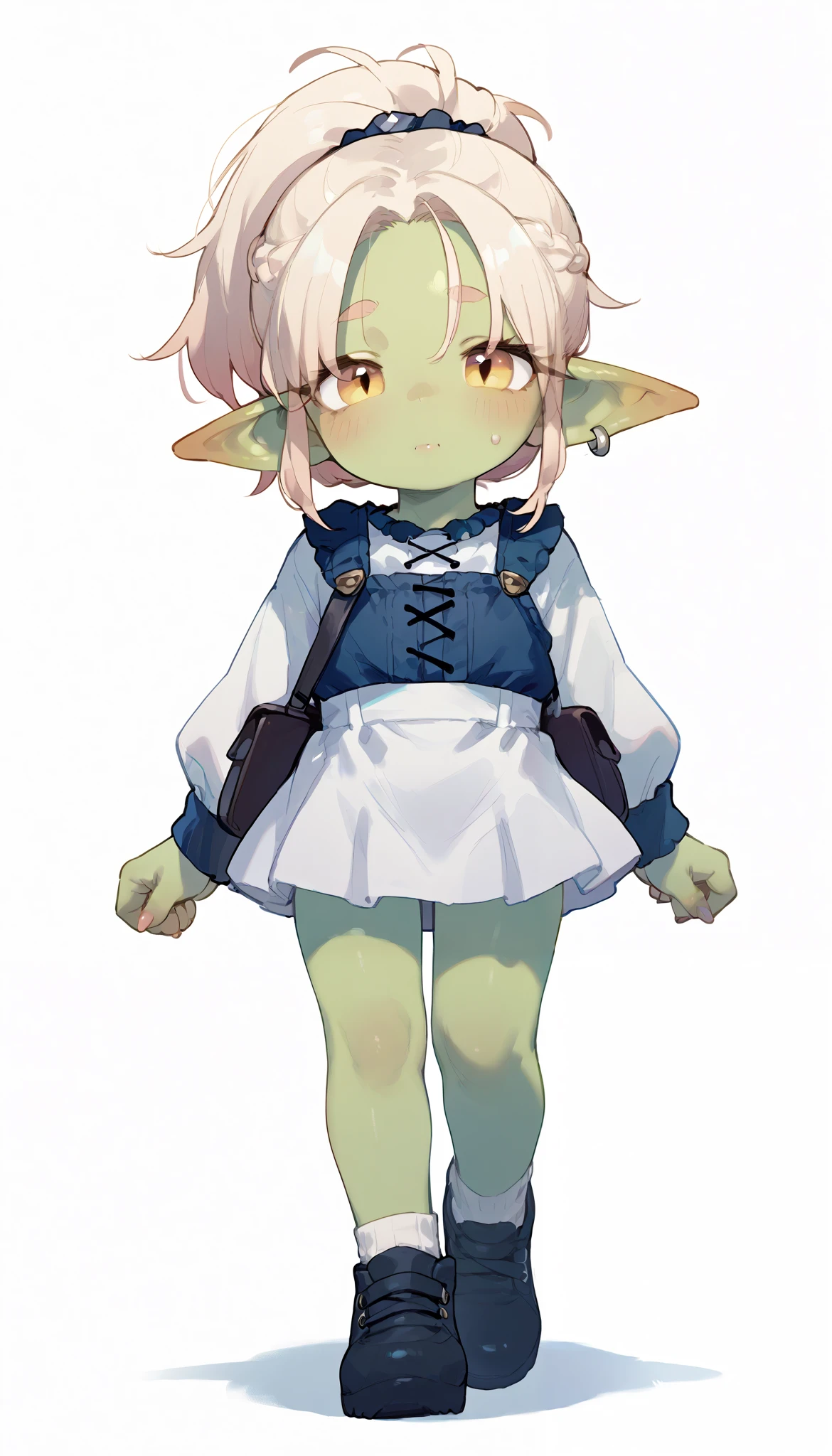 naked little embarrassed elf with green short hair yellow-red eyes small hips from the reincarnation of an unemployed