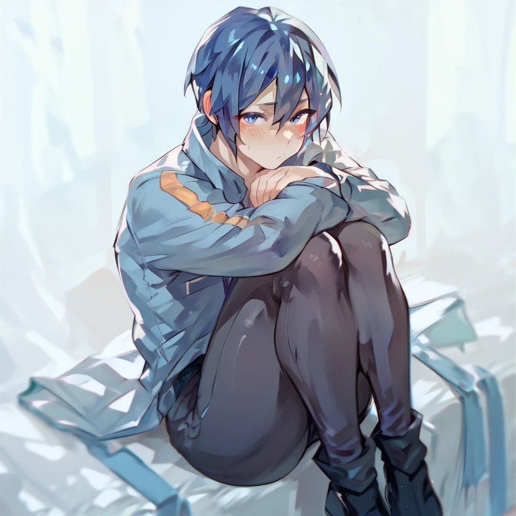 kaito_\(vocaloid\), blue_hair, blue_eyes, 1boy, sitting, blushing, legs together, looking at viewer, tight pants, big thighs 