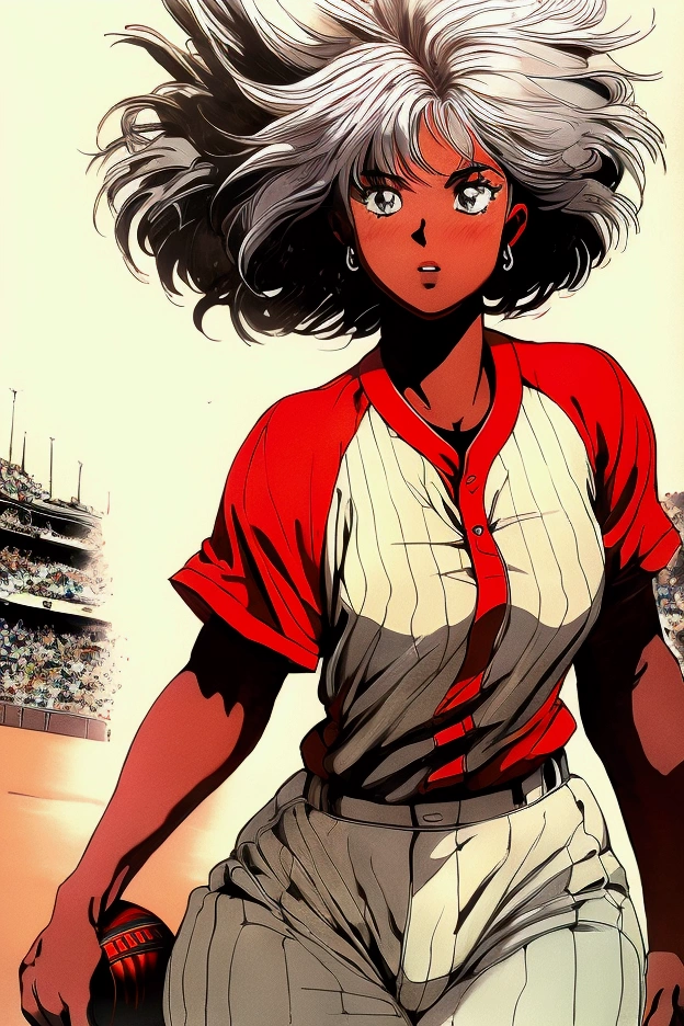 (( masterpiece ,  top quality,  High resolution,  Highly detailed 8K CG unified wallpaper)), Dark-skin African baseball player in action to throw ball, Ebony girl,  abundant white hair ,  thick legs ,  small breasts, baseball uniform . stadium background, public,  there is dust from the movement .