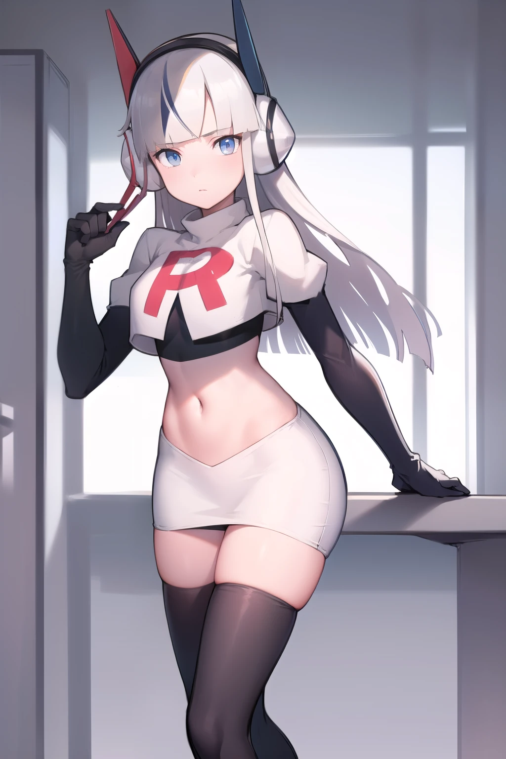 masterpiece, best quality, bw2elesa, silver hair, blue eyes, streaked hair, long sidelocks, hair ornaments, headphones, team rocket,team rocket uniform,white skirt,red letter R,crop top,black thigh-highs,black elbow gloves, looking at viewer,