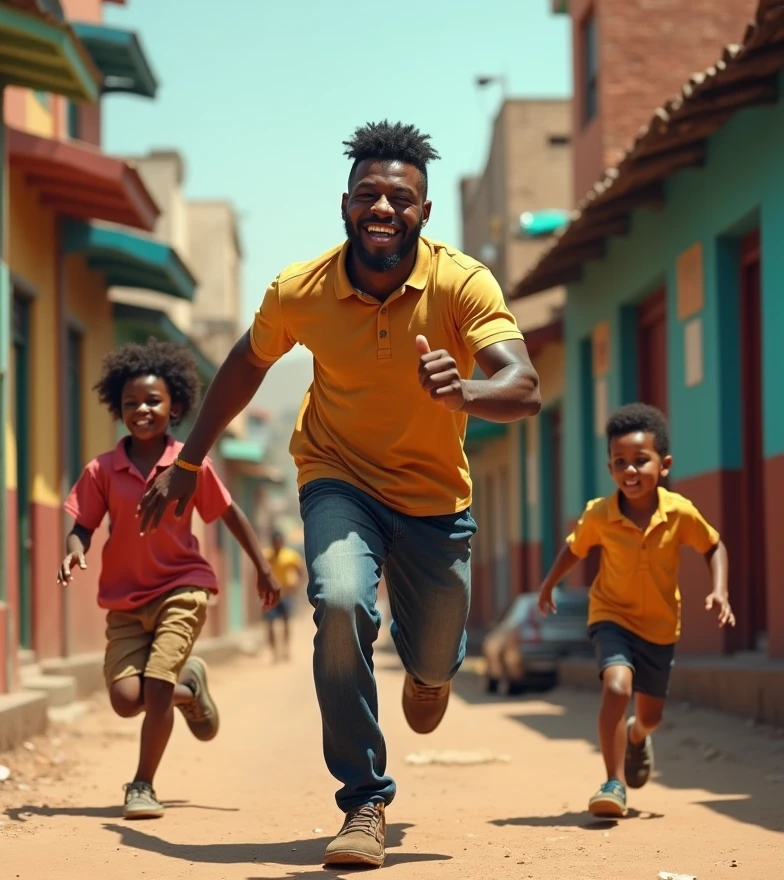scene of a brazilian father on the left, throwing a 3 year old afro child into the air, both having fun, happy, realistic image, ultra definition, 8k.