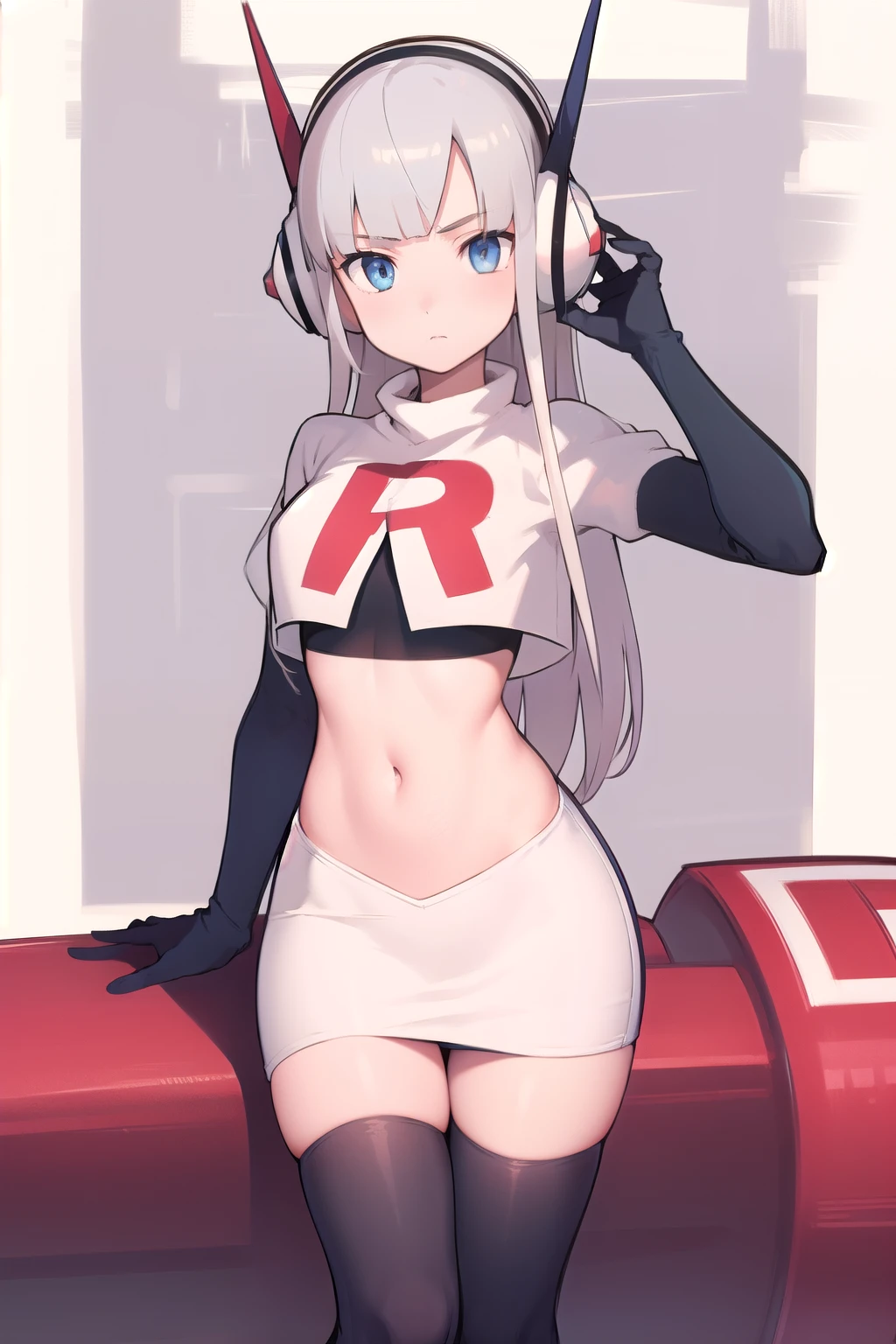 masterpiece, best quality, bw2elesa, silver hair, blue eyes, streaked hair, long sidelocks, hair ornaments, headphones, team rocket,team rocket uniform,white skirt,red letter R,crop top,black thigh-highs,black elbow gloves, looking at viewer, 