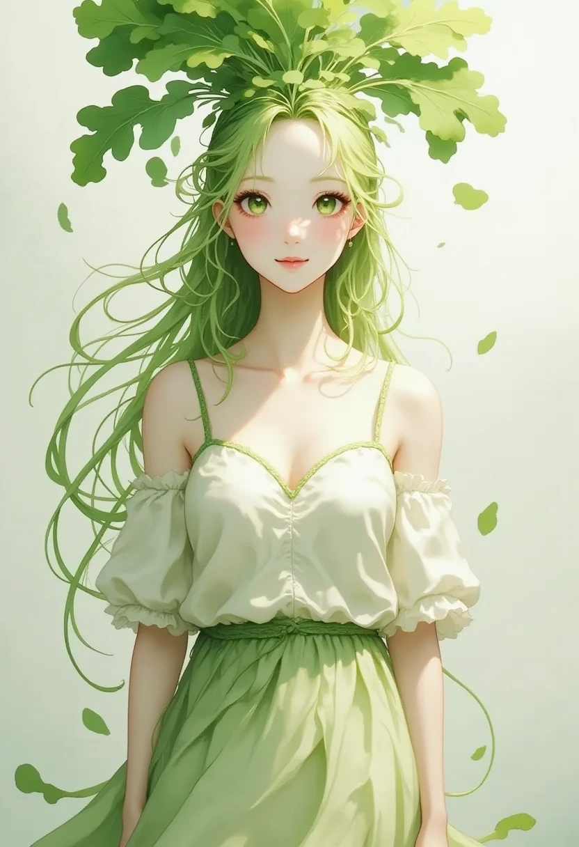 1 daikon lady, solo, Portrait shoot, Upper body, Standing, contrapposto, Green eyes, Green leaves long hair, bangs, pure white skin, wearing green camisole one-piece long dress over white short sleeve T-shirt, smile