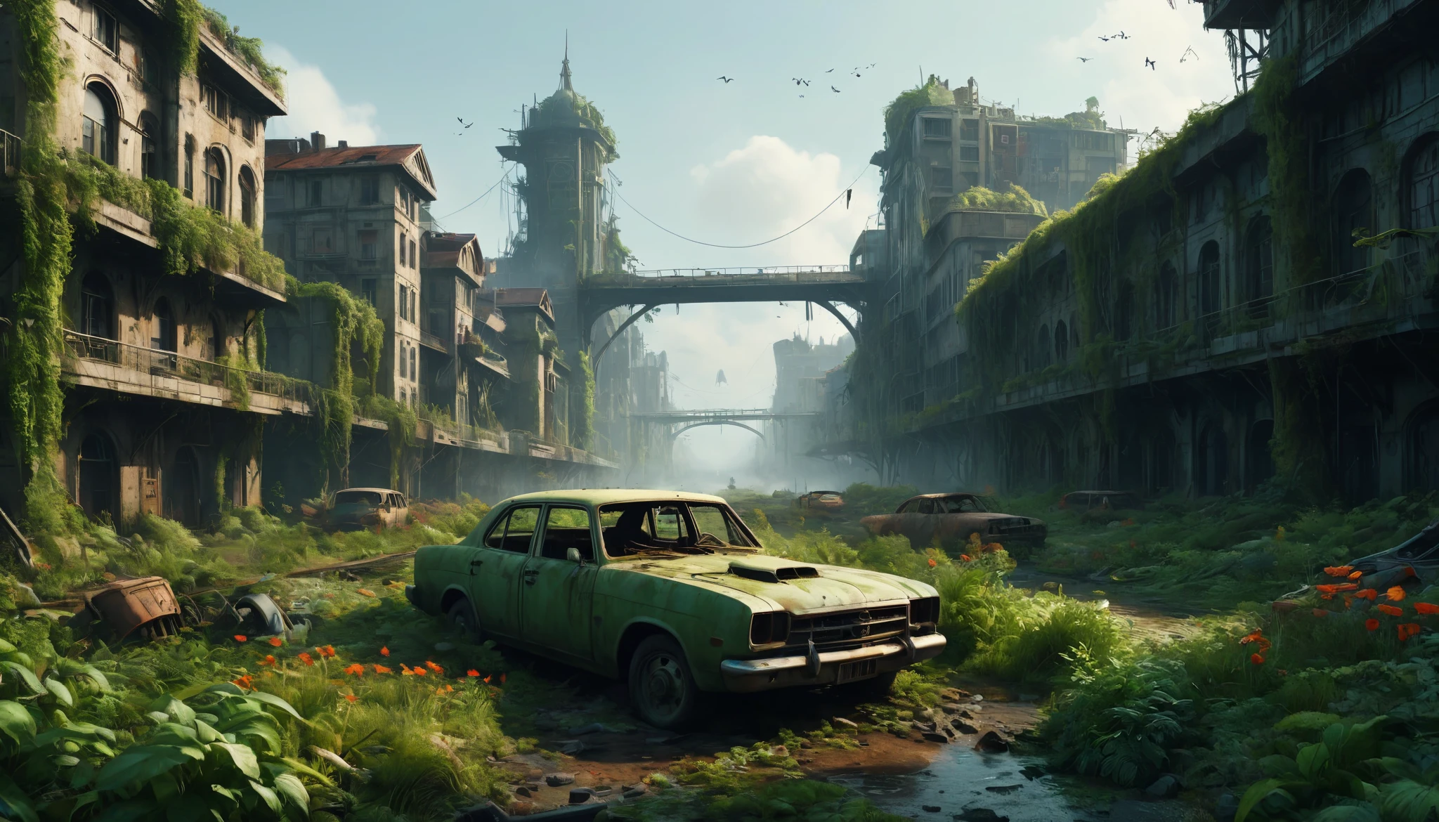 "Create a 3D animation of an abandoned metropolis (2022) in the style of Jakub Rozalski
* rusty airplane, overgrown with moss, showing signs of decay
* Intricate details, including texturing and modeling, in ultra-high quality
* Render the scene in 8K resolution (7680 x 4320 pixels) with extreme attention to detail
The metropolis should be overgrown with lush greenery, with vines and flowers, bridges covering the buildings and streets. Rusty cars should be in various states of disrepair, with visible corrosion and oxidation. Include subtle lighting and atmospheric effects to create a sense of depth and immersion.
deliver detailed, seamless, and high-quality 3D animation that meets these specifications."