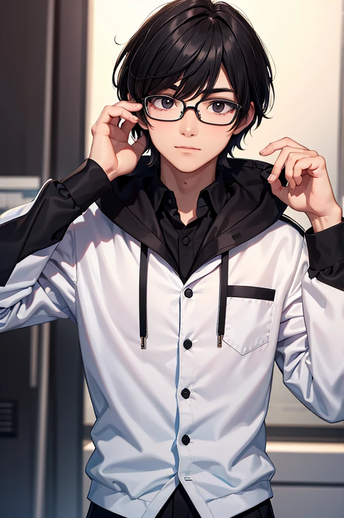 [32k, 8k, 4k, ultra-detailed image] young man, wearing glasses, short black hair with bangs, school uniform