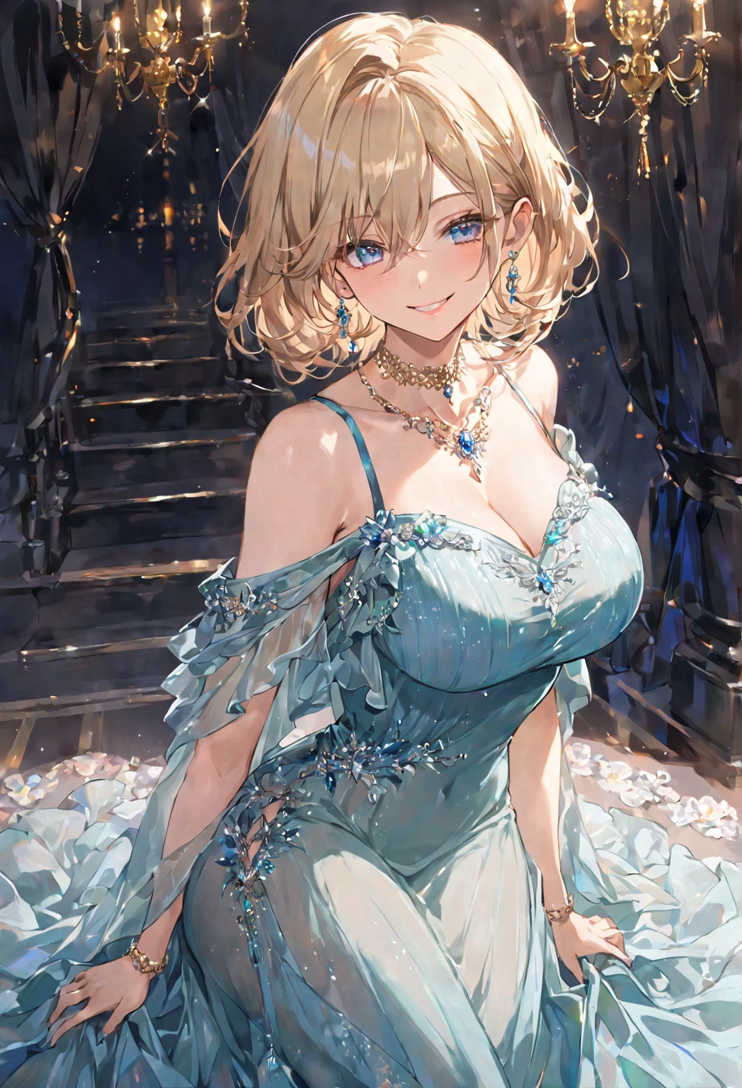 (masterpiece), (best quality), perfect face, beautiful mature woman, white background background, delicate and beautiful face and eyes, dark intense shadow, 
1 girl, vtuber style, cool girl, Elf ears, light blue evening dress, long skirt dress, Gorgeous evening dress Ruffles dress, lace, necklace, big breasts, cropped shoulders, clavicle, winking, smile, body visible through clothes, chest visible through clothes, ass visible through thighs, High heel, (full body), looking at viewer, standing, 