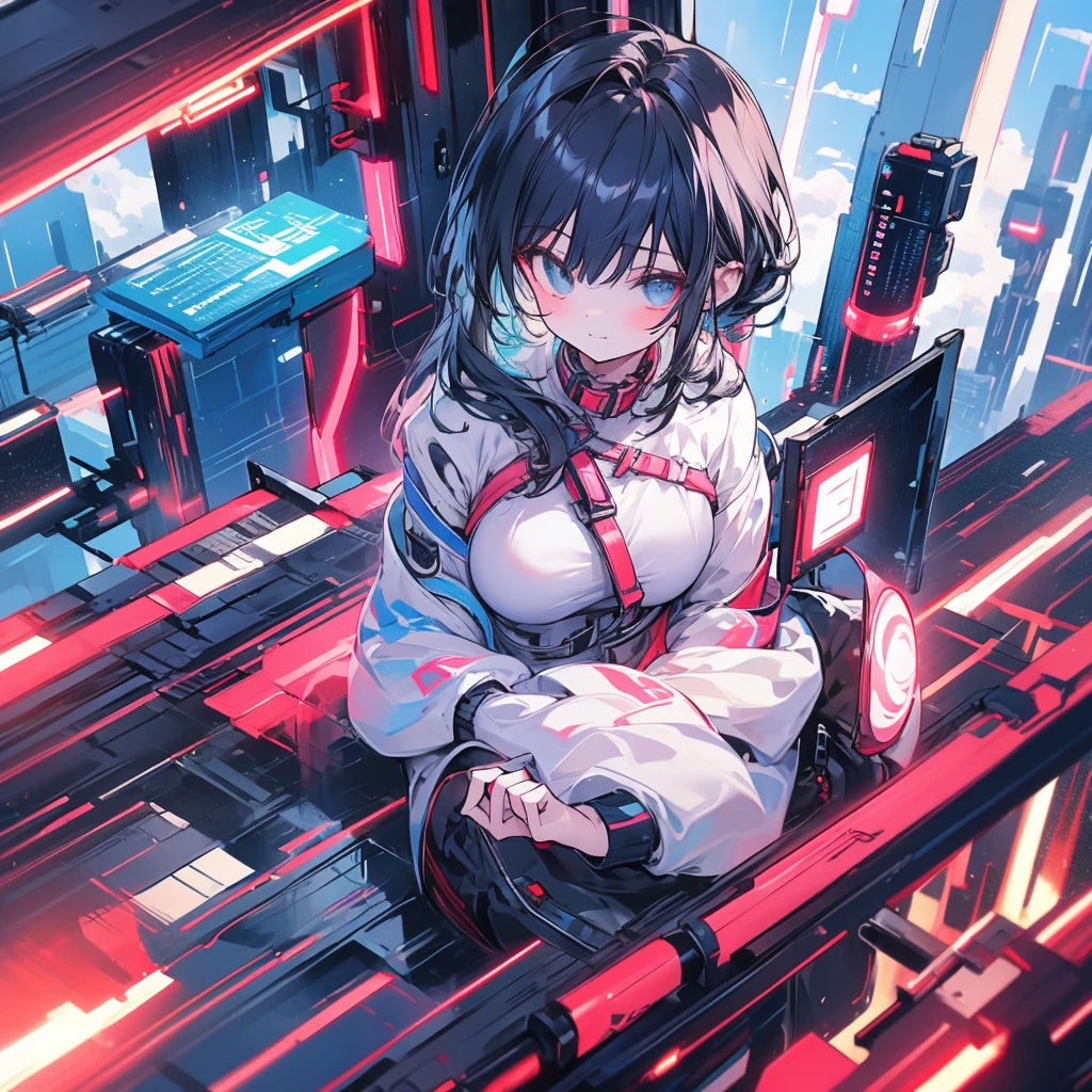 anime girl w-sitting hooked up to wires from above, dark cyberpunk atmosphere, black and red colors, cables laying around, messy, zoomed out shot, sideways perspective, high quality