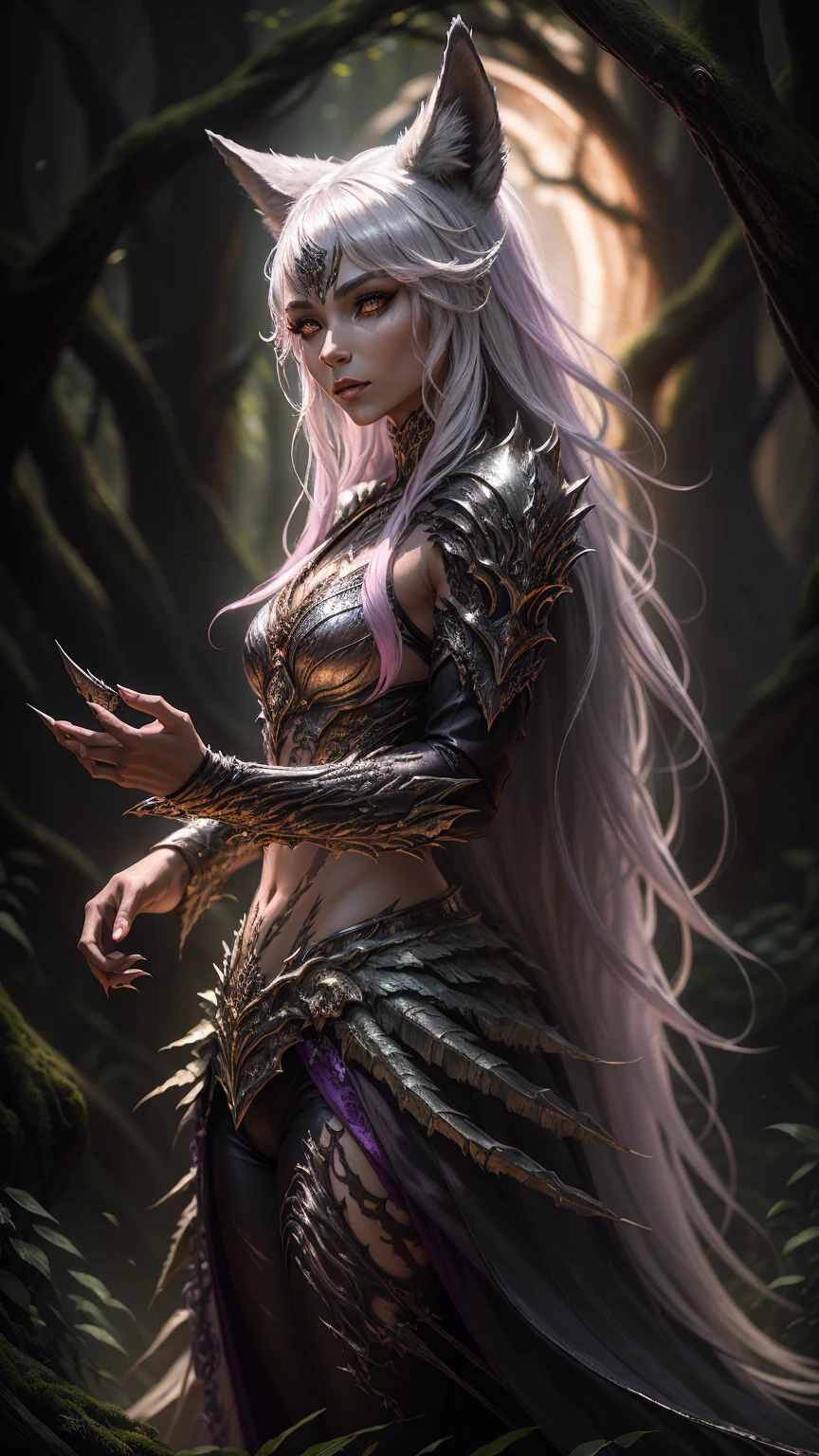 female body wolf, purple fur, long silver claws, arms outstretched, howl humain face, black skin, pink eyes, pink lips, prominent silver canine --auto --s2