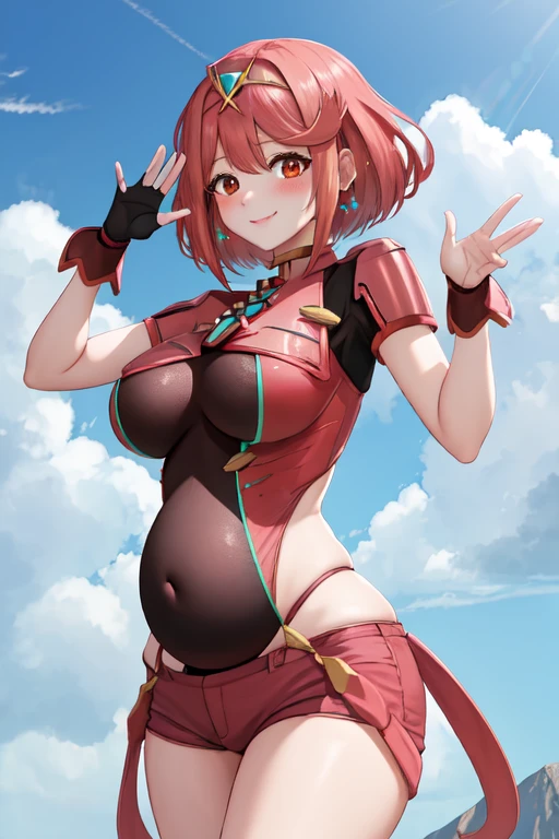 masterpiece, best quality, 1 pregnant girl, solo, pyradef, tiara, earrings, chest jewel, impossible clothes, fingerless gloves, red shorts, fantasy, mountainous horizon, waving, smile, blush, third trimester of pregnancy