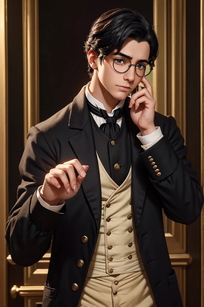 [32k, 8k, 4k, ultra-detailed image] young man, wearing glasses, black hair, character posing with a hand touching his glasses, [character staring at the viewer], Victorian era clothing