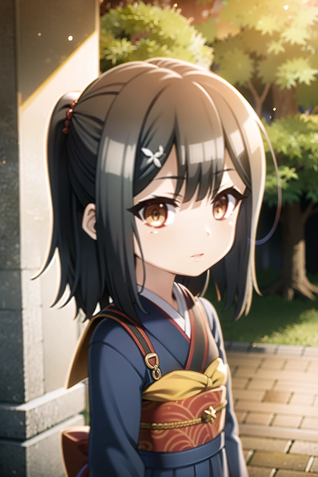 cute primary school girl wearing traditional japanese dark blue kimono inside a magical forest, dark hair and yellow eyes, looking at viewer with an innocent and disoriented gaze, nicely done hair, sunset, under a canopy of a tree, dark hair, smart look, slightly shy, flat chest, falling sakura leaves, best quality, masterpiece, ultra-detailed, photorealistic, 8k, hyperrealistic, intricate details, chiaroscuro lighting, (best quality,4k,8k,highres,masterpiece:1.2),ultra-detailed, (best quality,4k,8k,highres,masterpiece:1.2),ultra-detailed,