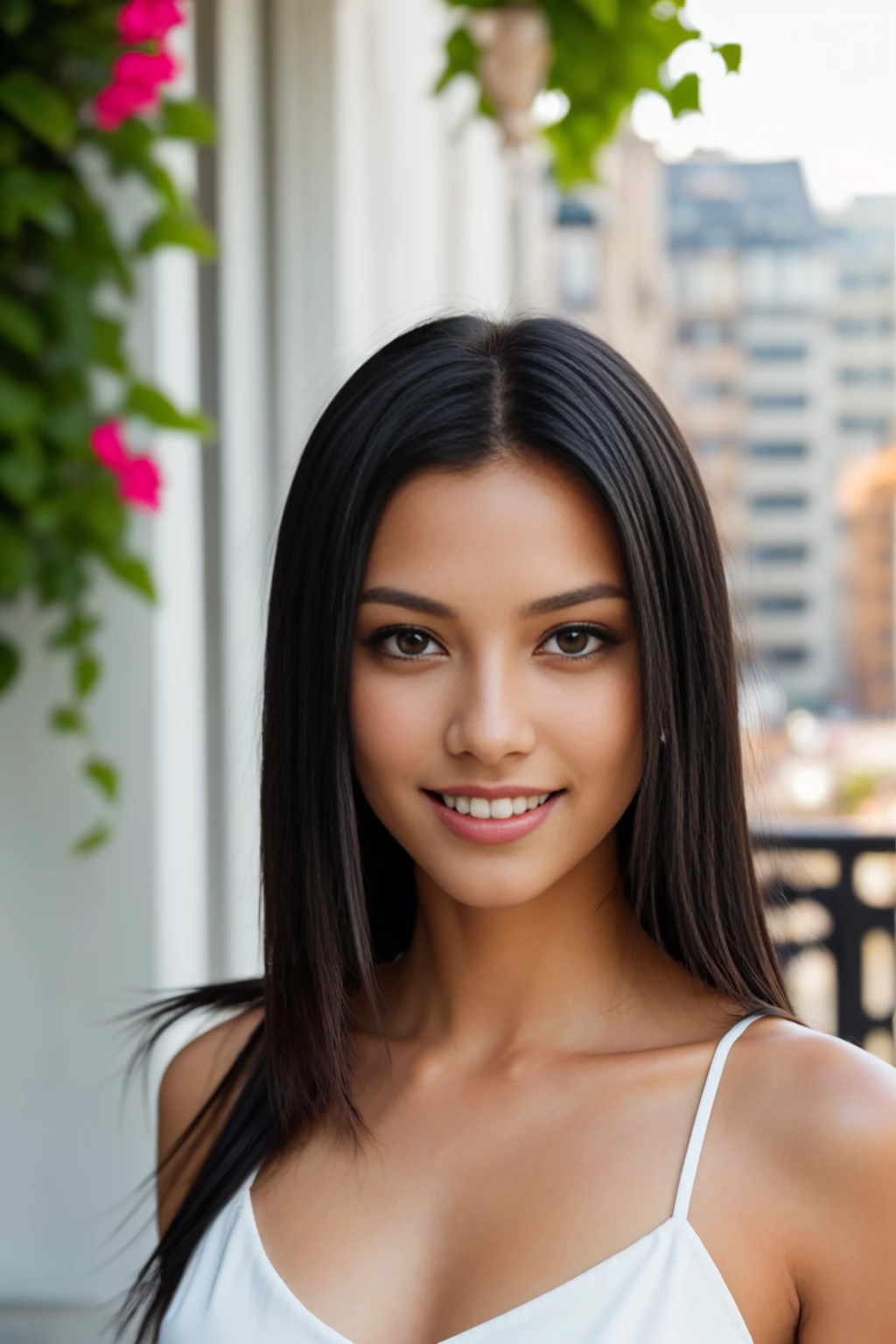photo of female in city in RAW UHD format (Brown-eyed woman) long (black hair:1.3) Details (textures! , , imperfections: 1.1), DSLR Lighting, SLR camera, Ultra-Quality, sharpness, Film grain, Fujifilm XT3, Crystal clear, sharp-focus, sharp background, sunshine , neon lighting, (lit), day time, detailed skin pores, oilly skin, suntan, high riser background, sharp, focused. razor-sharp, composition, light and shadow, perfect proportions, detailed face, smiling
