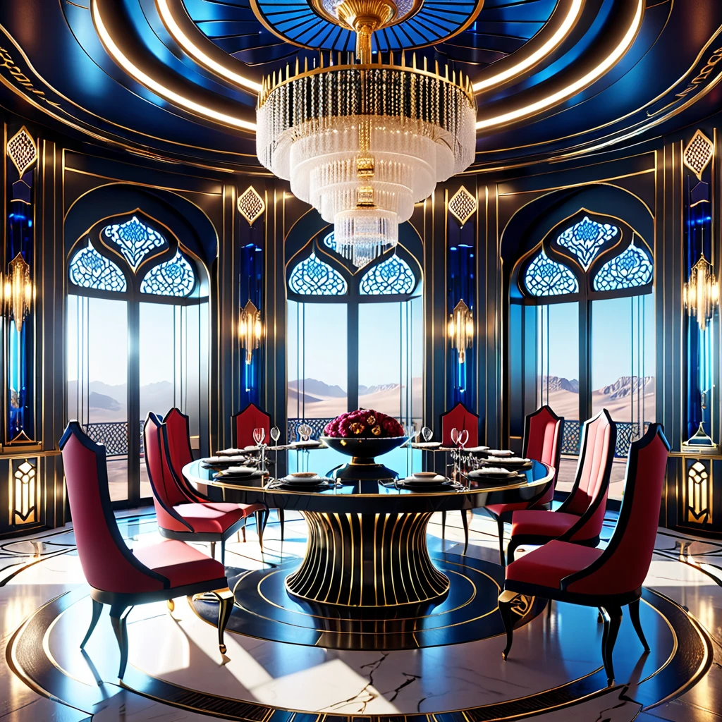 There is a dining room with table and chairs and chandeliers, cgsociety 9, Futuristic persian palace, cgsociety Unreal Engine, Redshift Houdini, Futuristic. Game CG, Unreal Engine Cinema 4D, Glamorous Cyberpunk Interior , Surreal Symmetry 8k, Rene Lalique、Eddie Mendoza, Cinematic Unreal 5,   cinematic smooth Unreal Engine    