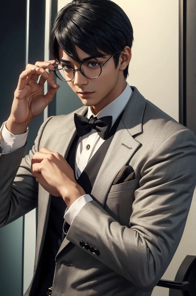 [32k, 8k, 4k, ultra detailed image] young man, wearing glasses, black hair, character posing with a hand touching the glasses, [character looking fixedly at the viewer], wearing formal and beautiful clothing