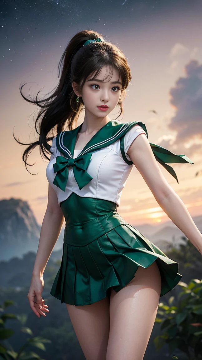 masterpiece,  high definition ,8k resolution, high definition model, SAILOR MOON JUPITER , beautiful young Japanese woman ,1 person, STANNING HIGH ,A small smile,Thursday's Space Background ,( GREEN SAILOR WARRIOR UNIFORM), GREEN ULTRA SHORT MINI SKIRT , beautiful face,Cute type,,A little round face,Beautiful green eyes, big eyes,Obvious double, shining eye highlight, Big Natural Colored Lips , LIGHT BROWN LONG HAIR , ponytail, beautiful asymmetrical bangs ,  Floating Hair Nova Frog Style,  super real, anatomically accurate , textured skin, perfect figure , beautiful legs, thick thighs ,Big Breasts,Well-balanced physique,