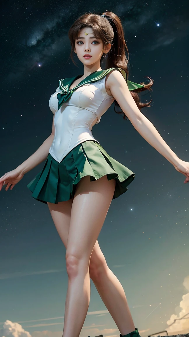 masterpiece,  high definition ,8k resolution, high definition model, SAILOR MOON JUPITER , beautiful young Japanese woman ,1 person, STANNING HIGH ,A small smile,Thursday's Space Background ,( GREEN SAILOR WARRIOR UNIFORM), GREEN ULTRA SHORT MINI SKIRT , beautiful face,Cute type,Baby Face,A little round face,Beautiful green eyes, big eyes,Obvious double, shining eye highlight, Big Natural Colored Lips , LIGHT BROWN LONG HAIR , ponytail, beautiful asymmetrical bangs ,  Floating Hair Nova Frog Style,  super real, anatomically accurate , textured skin, perfect figure , beautiful legs, thick thighs ,Big Breasts,Well-balanced physique,