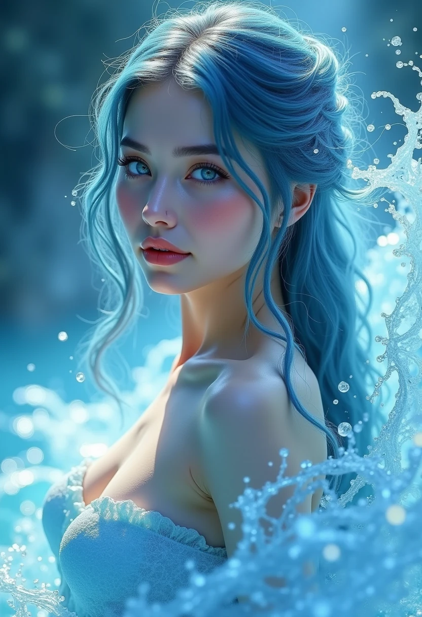 Painting of a woman sitting in a clay jar in her hand, closeup fantasy with water magic, Water is made of stardust, blue water wallpaper, water everwhere fantasy, Water woman, water element, 32k, swirling water cosmos, water art photoshop, Directed by: David LaChapelle, AQUARIUS, foto extravagante, melhor qualidade