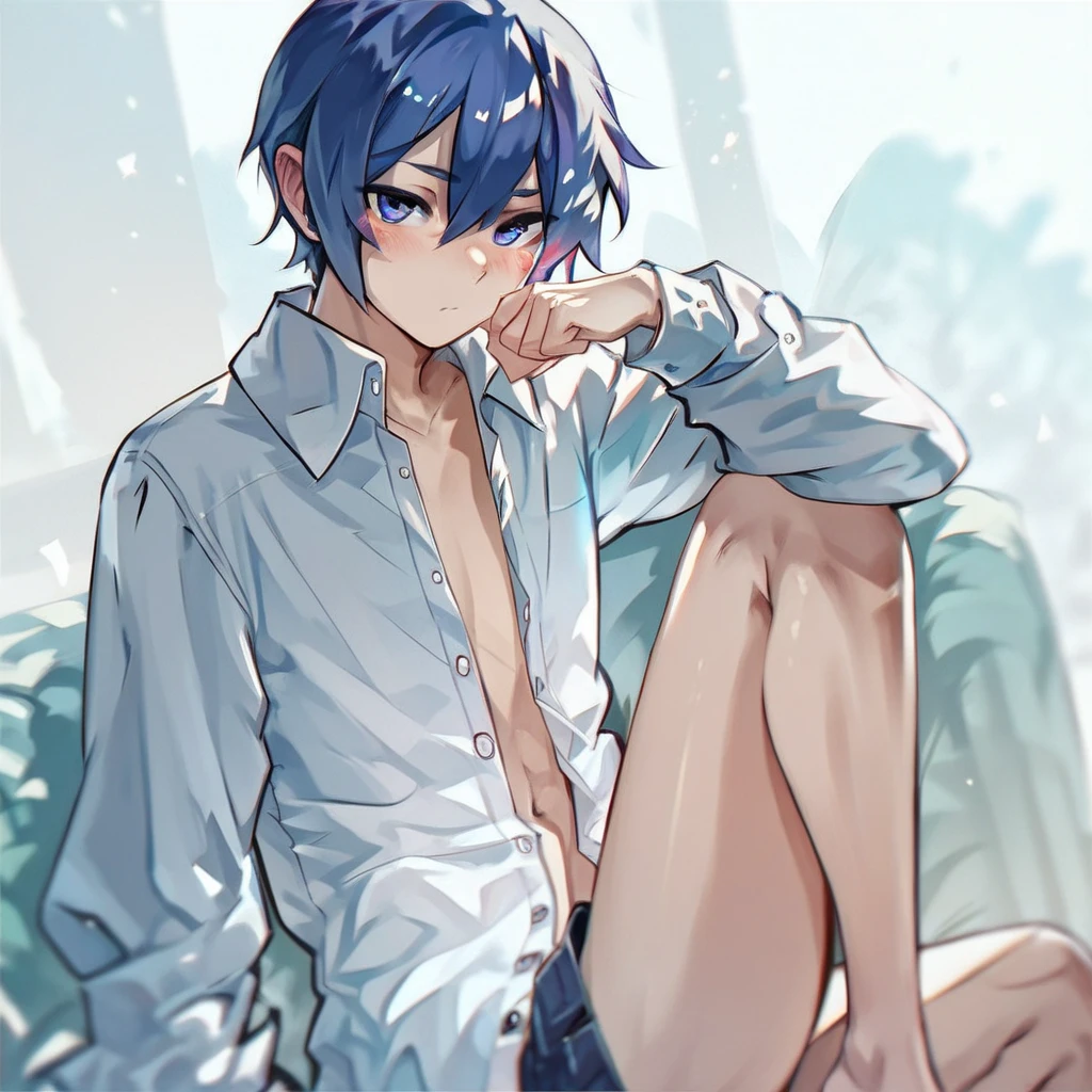 kaito_\(vocaloid\), blue_hair, blue_eyes, 1boy, sitting, blushing, legs together, looking at viewer, thin thighs, One leg up and the other down, unbuttoned shirt, small chest, thin abdomen