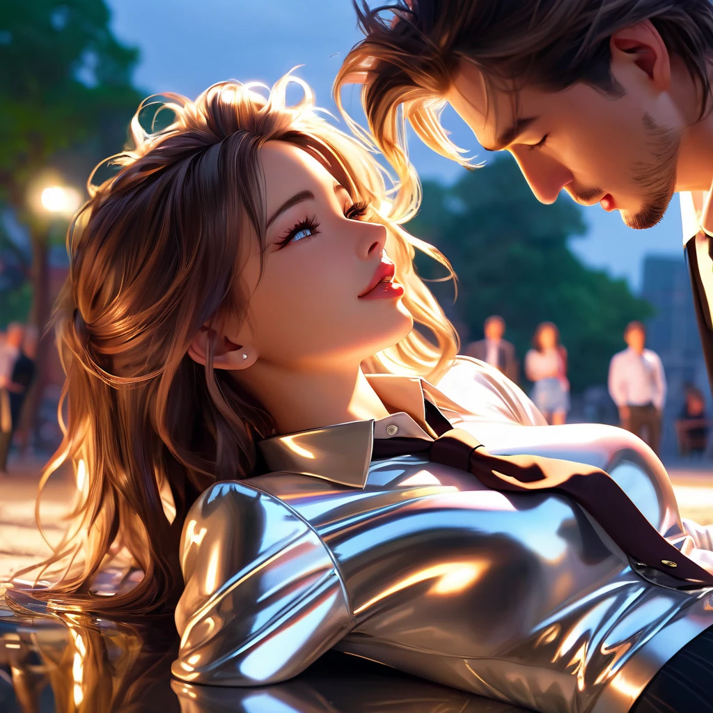 ((A smiling couple in love)), ((woman with wavy brown hair wearing a sundress small breast)), dancing close with ((a masculine man with short blonde hair and a full blonde beard wearing pants and shirt)), (((blue eyes))), hair with many details, 8k artgerm bokeh, fanart best artstation, render photorealistic, guweiz-style art, inspired by WLOP, ig model | artgerm, detailed, stunning realistic face, beautiful, deviantart artstation cgscosiety, cinematic realistic, high quality portrait, elegant digital painting, photorealistic artstyle, ((cruise ship background)), ((night sky)), ((in love))