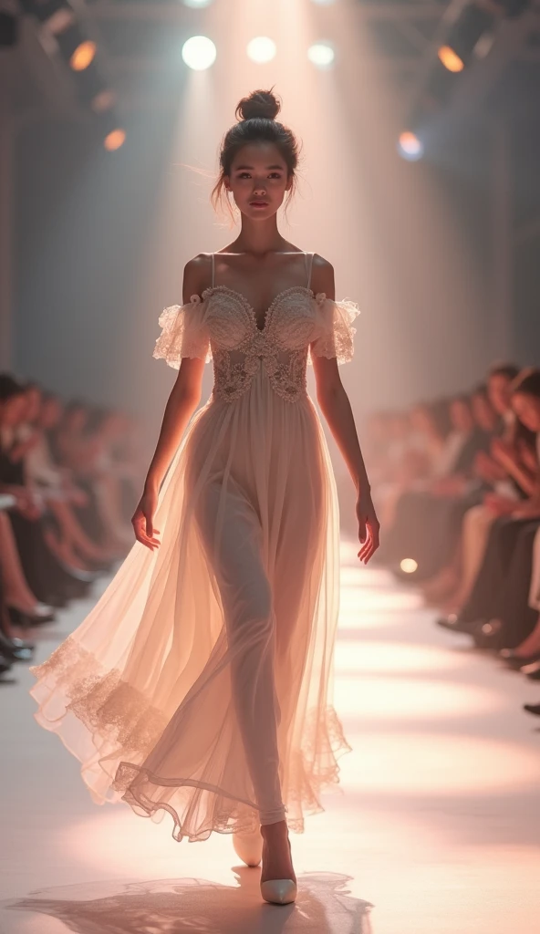 (photorealism:1.2), (full body shot:1.9) Beautiful, stunning, gorgeous, stunning woman, brown hair, green eyes, slender legs, soft features, muse, goddess, realistic skin, extremely detailed full body shot of a strikingly stunning woman, off-shoulder pleated dress, fashion show