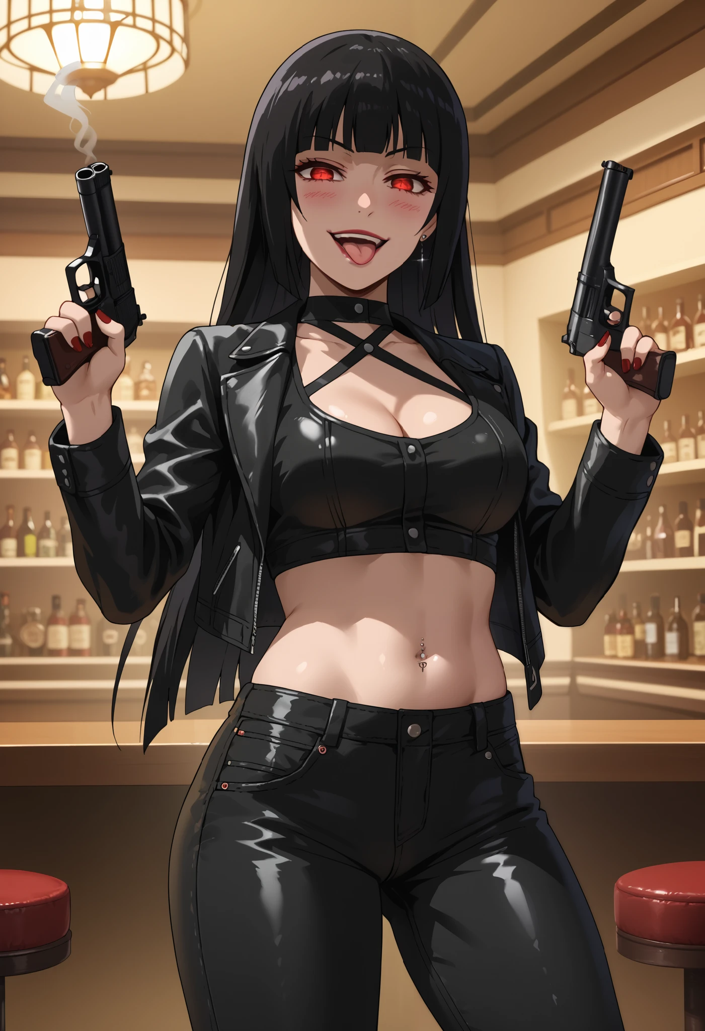 yumeko, black hair,red eyes,bangs,lips,blunt bangs,hime cut,nail polish, red nails,
, evil smile, smug, smirk, anime coloring, unusually open eyes, ear piercing, long hair, blush, lipstick,Hot girl, baddie, smoking, sensual, attractive ,,bar background, inside bar,indoors, masterpiece, best quality, highly detailed, a girls with a gun, evil smile , open mouth, sexy gaze, badass
pose , evil smile, smile, (nsfw) not safe for work, guns blazing, anime girl with long hair, beautiful long
haired girl, navel, evil expression, exposed belly, exposed navel, exposed midriff, exposed lower belly,
long black pants, crop top, cleavage, unbuttoned leather pants ,open fly, low rise black leather pants,
leather jacket, holding a gun, holding pistol, navel piercing,, tattoo on body, tattoo midriff, rose tattoo, , shiny skin,tongue out, open
arms sideway, arms T-pose, smirk, standing, anime girl T posing