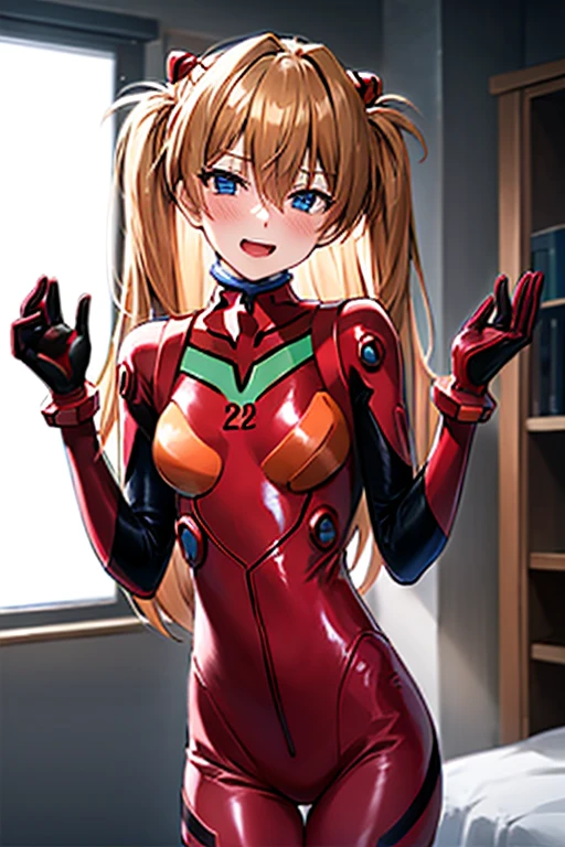 (( best quality)), ((masterpiece)), (be familiar with),  perfect face, indoor, bedroom,  viewer,
One woman,  Soryu Asuka Langley ,
 open mouth,  ecstatic expression with hands in front of body, blush, smile,
Small breasts,  flat chested, Young girl, Lori,  s,  girl,
 long hair,  twin tails,
Leg spread,