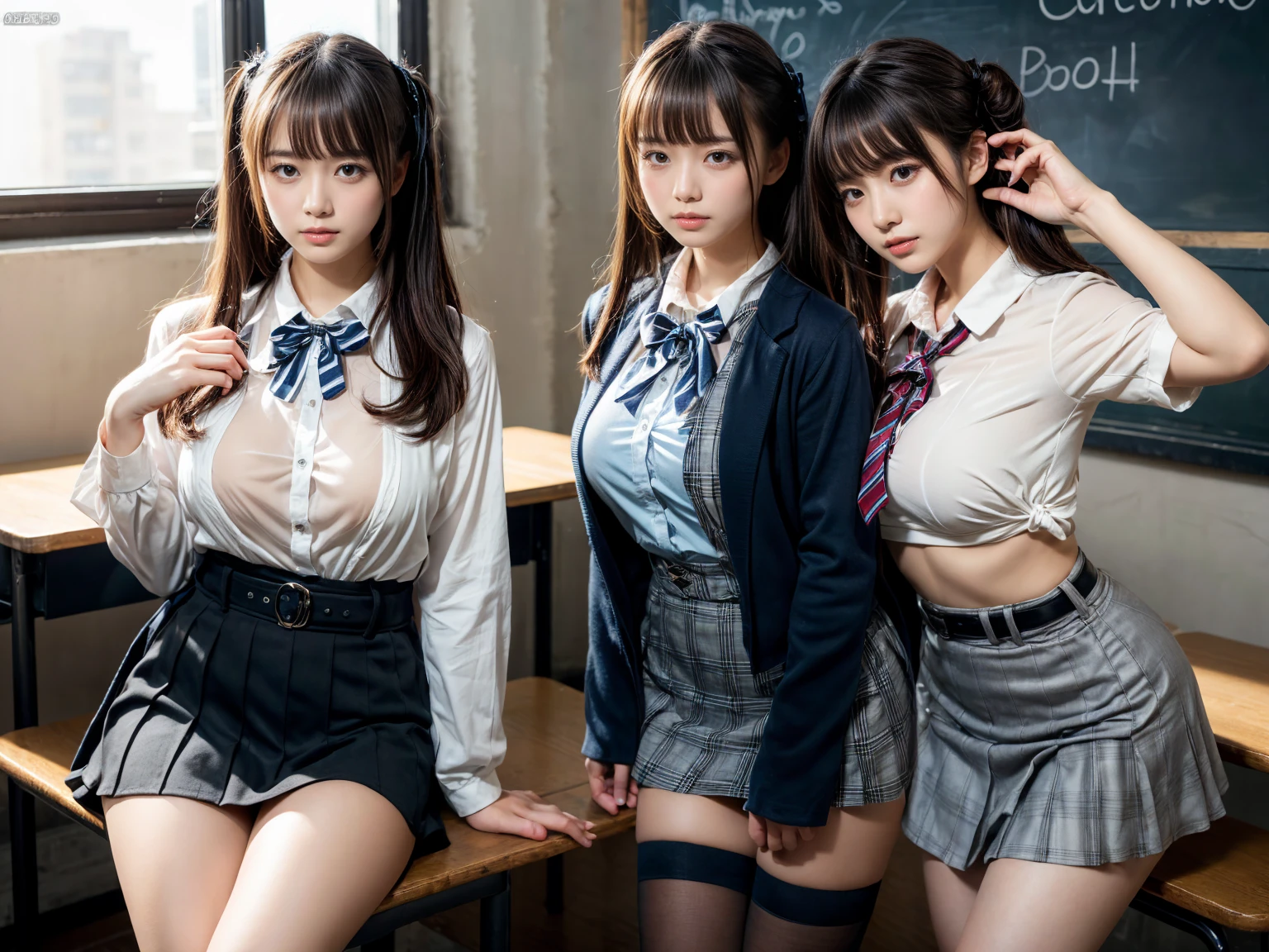 masterpiece, best quality, illustration, Super detailed, fine details, High resolution, 8K,wall paper, perfect dynamic composition,(Details High quality, realistic depiction of eyes:1.3), (2 girls, 2 schoolgirls:1.2), from side, High School Classroom、High school girl uniform、blazer 、Super Short Check Uniform Skirt、Navy blue high socks、garterbelts、Colossal tits、Disturbed uniform,  short bob hair, black hair color, huge breasts, Big Natural Color Lip, bold sexy pose, (perfect body shape), crying a little、 Harajuku style、20 year old girl、 beautiful legs, hposing Gravure Idol, Voluptuous thighs