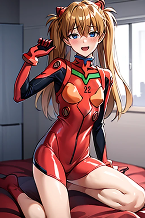 (( best quality)), ((masterpiece)), (be familiar with),  perfect face, indoor, bedroom,  viewer,
One woman,  Soryu Asuka Langley ,
 open mouth,  ecstatic expression with hands in front of body, blush, smile,
Small breasts,  flat chested, Young girl, Lori,  s,  girl,
 long hair,  twin tails,
Leg spread,