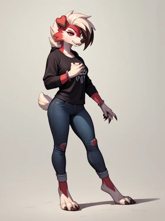  Lycanroc anthropomorphic nocturnal girl, hourglass figure, short tail, Exhausting,  black long sleeve sweatshirt without fastener ,  knee-length black jeans,   black eye shadow  , rings in one ear ,  and a bracelet with spikes on the wrists , barefoot,  full body 