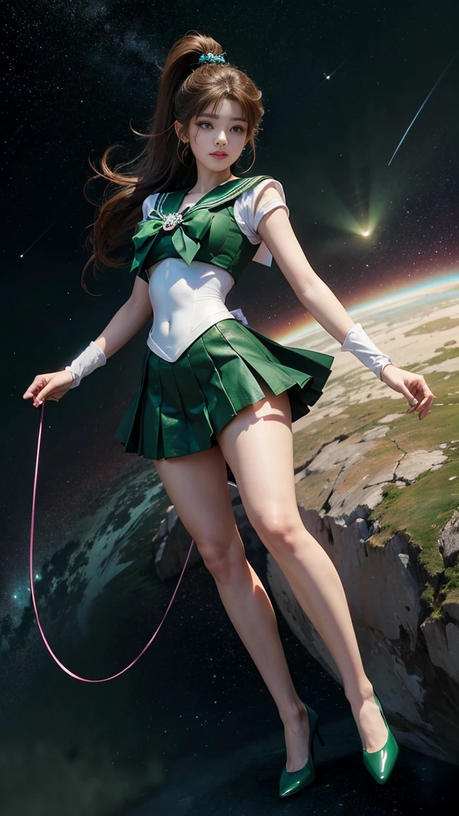 masterpiece,  high definition ,8k resolution, high definition model, SAILOR MOON JUPITER , beautiful young Japanese woman ,1 person, STANNING HIGH ,A small smile,Thursday's Space Background ,( GREEN SAILOR WARRIOR UNIFORM), GREEN ULTRA SHORT MINI SKIRT , beautiful face,Cute type,*********,A little round face,Beautiful green eyes, big eyes,Obvious double, shining eye highlight, Big Natural Colored Lips , LIGHT BROWN LONG HAIR , ponytail, beautiful asymmetrical bangs ,  Floating Hair Nova Frog Style,  super real, anatomically accurate , textured skin, perfect figure , beautiful legs, thick thighs ,Big Breasts,Well-balanced physique,