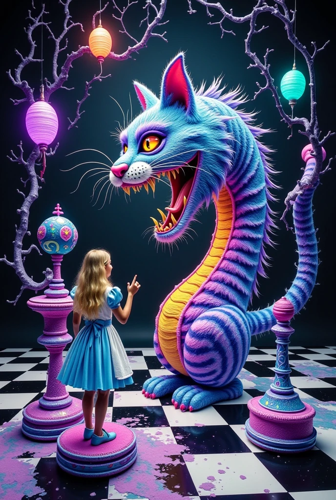  Alice in Wonderland characters as oversized, ornate chess pieces, frozen in mid-move, on a massive, translucent, black and white checkered board that seems to dissolve into the surrounding air, the Cheshire Cat's mischievous, fluorescent grin hovering above, its vibrant, glossy colors seeping into the environment like watercolors on wet paper, distorting reality, as inspired by the surrealist masterpieces of Salvador Dali's paradoxical landscapes, Rene Magritte's witty, trompe l'oeil illusions, and Giorgio de Chirico's eerie, metaphysical architecture, with bold, fantastical, and illogical elements blending seamlessly together, melting, merging, and morphing into each other, creating a dreamlike atmosphere of wonder, curiosity, and unsettling enchantment.