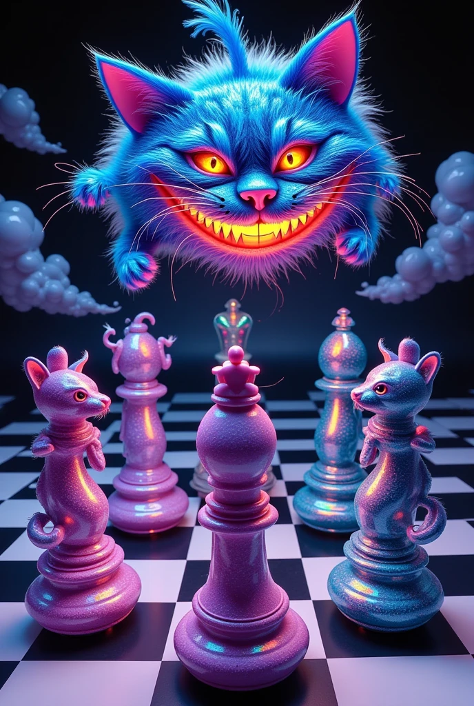  Alice in Wonderland characters as oversized, ornate chess pieces, frozen in mid-move, on a massive, translucent, black and white checkered board that seems to dissolve into the surrounding air, the Cheshire Cat's mischievous, fluorescent grin hovering above, its vibrant, glossy colors seeping into the environment like watercolors on wet paper, distorting reality, as inspired by the surrealist masterpieces of Salvador Dali's paradoxical landscapes, Rene Magritte's witty, trompe l'oeil illusions, and Giorgio de Chirico's eerie, metaphysical architecture, with bold, fantastical, and illogical elements blending seamlessly together, melting, merging, and morphing into each other, creating a dreamlike atmosphere of wonder, curiosity, and unsettling enchantment.