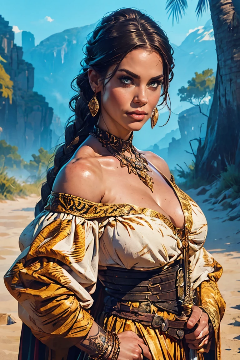 A digitally drawn illustration depicting an epic fantasy scene, featuring a sexy, busty, alluring female warrior (exposed cleavage, showing cleavage) in the foreground, slightly to the right of center. She has long brown hair flowing gracefully behind her back, with an intricate braid adorned with a golden headband adorned with tiny feathers and beads. Her face is riddled with battle scars, adding to her ferocious feel. The warrior wears elaborate white armor with gold details, including embellished shoulder pieces, a circular patterned chest plate, and a protective cup on her left shoulder. Her outfit is complemented by a striking jeweled necklace and matching gold earrings. She holds a long staff with a triangular blade on top, gripping it tightly in both hands. The staff features intricate metalwork with bronze highlights and a dark wooden handle. Behind her, a large, majestic white tiger stands out in the background. Its lush mane and strong power add to the grandeur of the scene. The tiger’s fur is meticulously drawn with soft details and textures, while its piercing amber eyes reflect strength and intelligence. The bright, natural lighting emphasizes the warrior’s resolute gaze. and creates dramatic shadows that enhance the textures of the clothing and accessories. The overall composition emphasizes the contrasts between the human and animal forms, creating a harmonious yet vibrant visual experience. The color palette incorporates warm hues such as beige, golden yellow and brown, with high contrast and medium color intensity, giving the artwork a rich and mysterious mood.