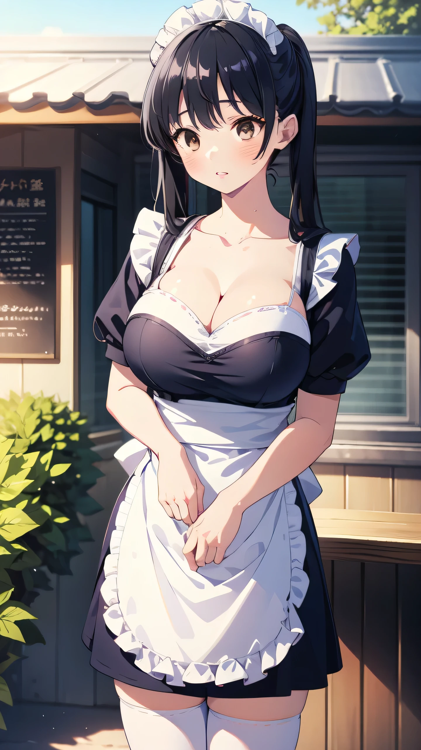 1girl, natural lighting, masterpiece, highly detailed, illustration, game CG, absurdres, high quality, Anna Yamada, (large breasts:1.5), beautiful detailed eyes, long hair, bangs, black hair, (brown eyes), twintails, glossy lips, lips parted, blush, garden, standing, maid, short puffy sleeves, small maid apron, white thigh highs, collarbone, cleavage, from below