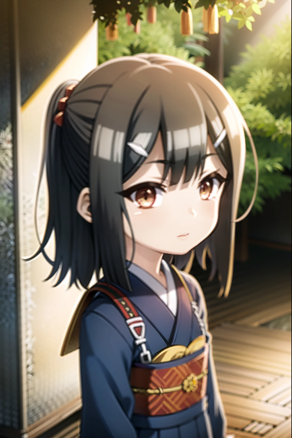 cute primary school girl wearing traditional japanese dark blue kimono inside a magical forest, dark hair and yellow eyes, looking at viewer with an innocent and disoriented gaze, nicely done hair, sunset, under a canopy of a tree, dark hair, smart look, slightly shy, flat chest, falling sakura leaves, best quality, masterpiece, ultra-detailed, photorealistic, 8k, hyperrealistic, intricate details, chiaroscuro lighting, (best quality,4k,8k,highres,masterpiece:1.2),ultra-detailed, (best quality,4k,8k,highres,masterpiece:1.2),ultra-detailed,