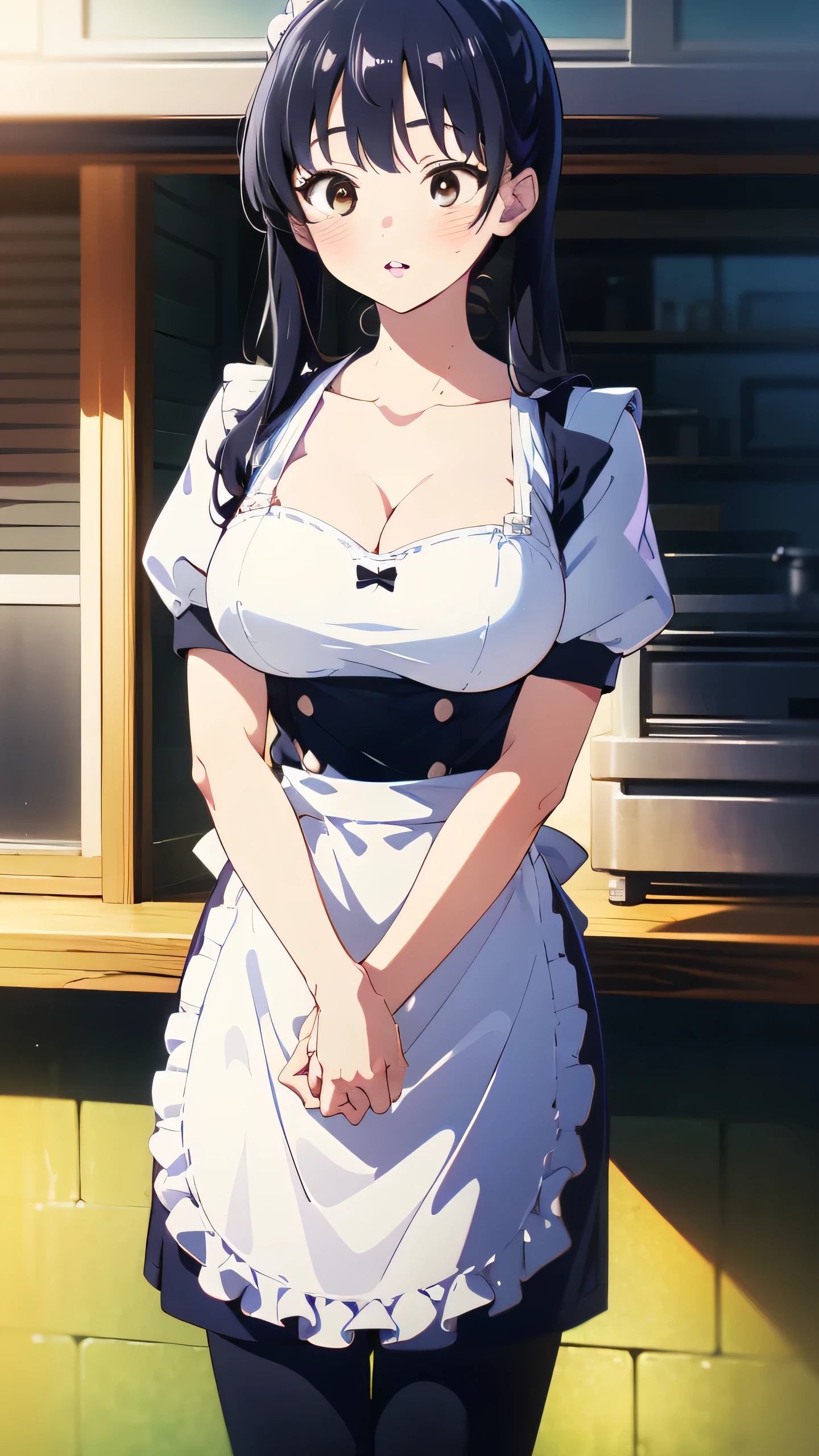 1girl, natural lighting, masterpiece, highly detailed, illustration, game CG, absurdres, high quality, Anna Yamada, (large breasts:1.5), beautiful detailed eyes, long hair, bangs, black hair, (brown eyes), twintails, glossy lips, lips parted, blush, garden, standing, maid, short puffy sleeves, small maid apron, white thigh highs, collarbone, cleavage, from below