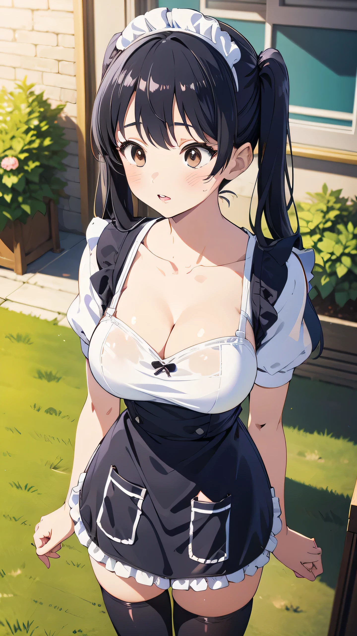 1girl, natural lighting, masterpiece, highly detailed, illustration, game CG, absurdres, high quality, Anna Yamada, (large breasts:1.5), beautiful detailed eyes, long hair, bangs, black hair, (brown eyes), twintails, glossy lips, lips parted, blush, garden, standing, maid, short puffy sleeves, small maid apron, white thigh highs, collarbone, cleavage, from below