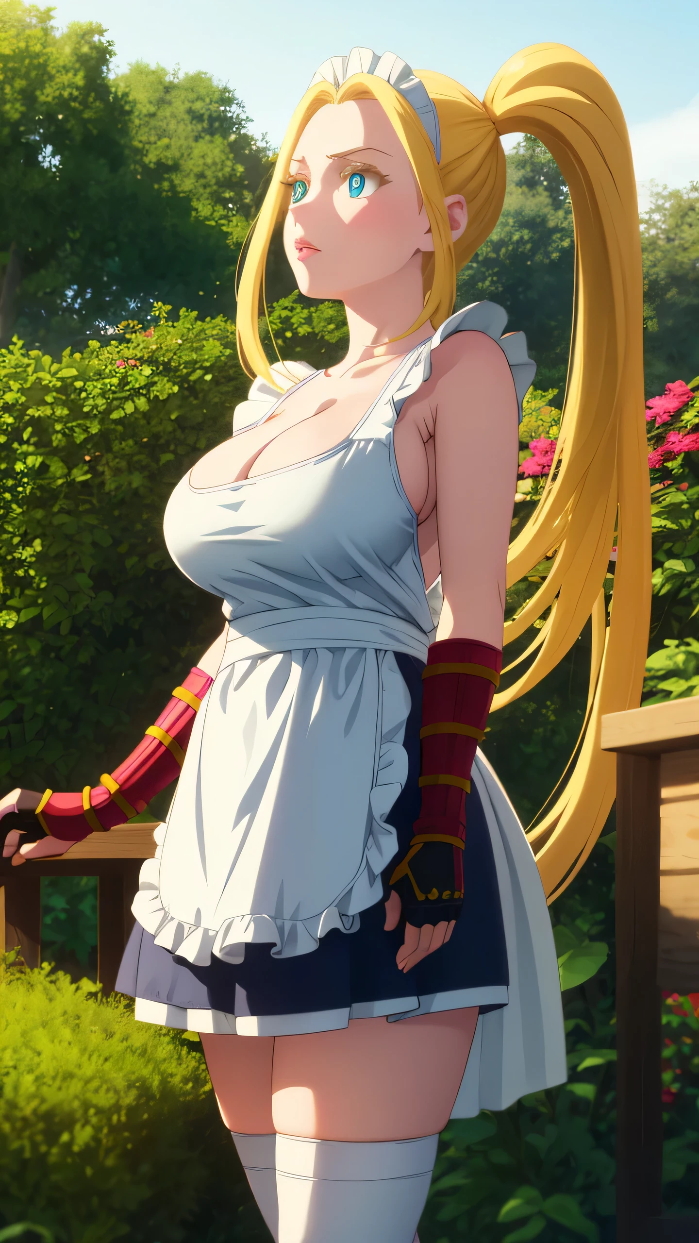 1girl, natural lighting, masterpiece, highly detailed, illustration, game CG, absurdres, high quality, Gotohbeatrixamerhauser, beatrix amerhauser, (large breasts:1.5), long hair, blue eyes, blonde hair, twintails, bangs, gloves, fingerless gloves, glossy lips, lips parted, blush, garden, standing, maid, short puffy sleeves, small maid apron, white thigh highs, collarbone, cleavage, from below