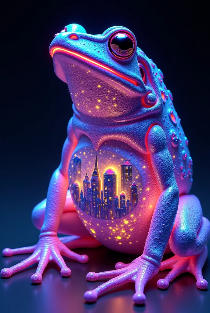 transparent giant frog with a stunning cityscape on it’s back, hyperdetailed, holographic, glitchcore, glowing neons