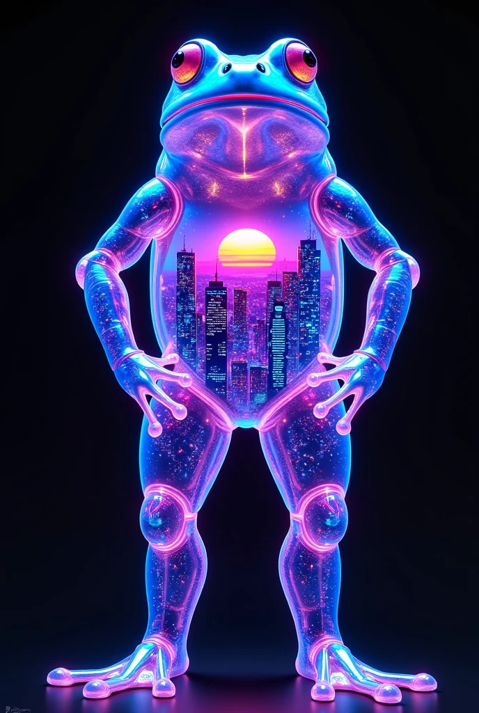 transparent giant frog with a stunning cityscape on it’s back, hyperdetailed, holographic, glitchcore, glowing neons