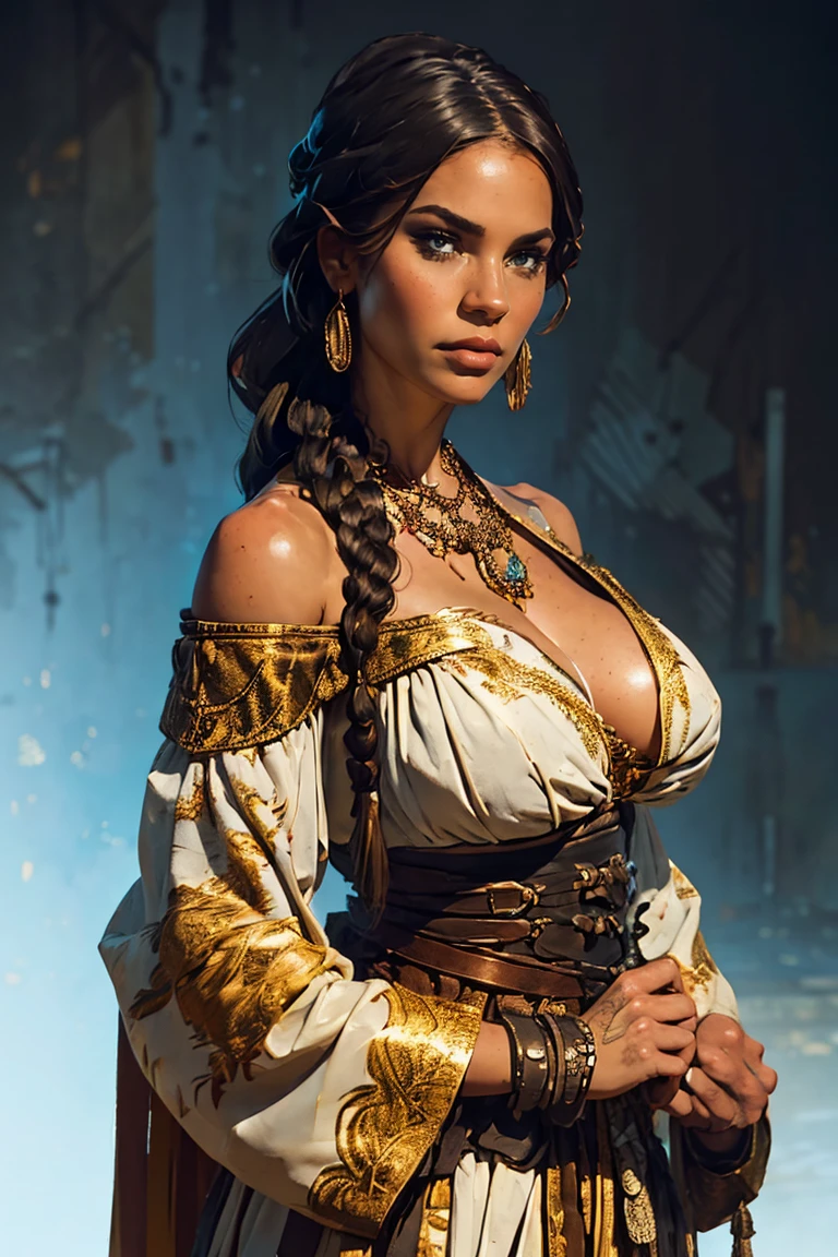 A digitally drawn illustration depicting an epic fantasy scene, featuring a sexy, busty, alluring female warrior (exposed cleavage, showing cleavage) in the foreground, slightly to the right of center. She has long brown hair flowing gracefully behind her back, with an intricate braid adorned with a golden headband adorned with tiny feathers and beads. Her face is riddled with battle scars, adding to her ferocious feel. The warrior wears elaborate white armor with gold details, including embellished shoulder pieces, a circular patterned chest plate, and a protective cup on her left shoulder. Her outfit is complemented by a striking jeweled necklace and matching gold earrings. She holds a long staff with a triangular blade on top, gripping it tightly in both hands. The staff features intricate metalwork with bronze highlights and a dark wooden handle. Behind her, a large, majestic white tiger stands out in the background. Its lush mane and strong power add to the grandeur of the scene. The tiger’s fur is meticulously drawn with soft details and textures, while its piercing amber eyes reflect strength and intelligence. The bright, natural lighting emphasizes the warrior’s resolute gaze. and creates dramatic shadows that enhance the textures of the clothing and accessories. The overall composition emphasizes the contrasts between the human and animal forms, creating a harmonious yet vibrant visual experience. The color palette incorporates warm hues such as beige, golden yellow and brown, with high contrast and medium color intensity, giving the artwork a rich and mysterious mood.