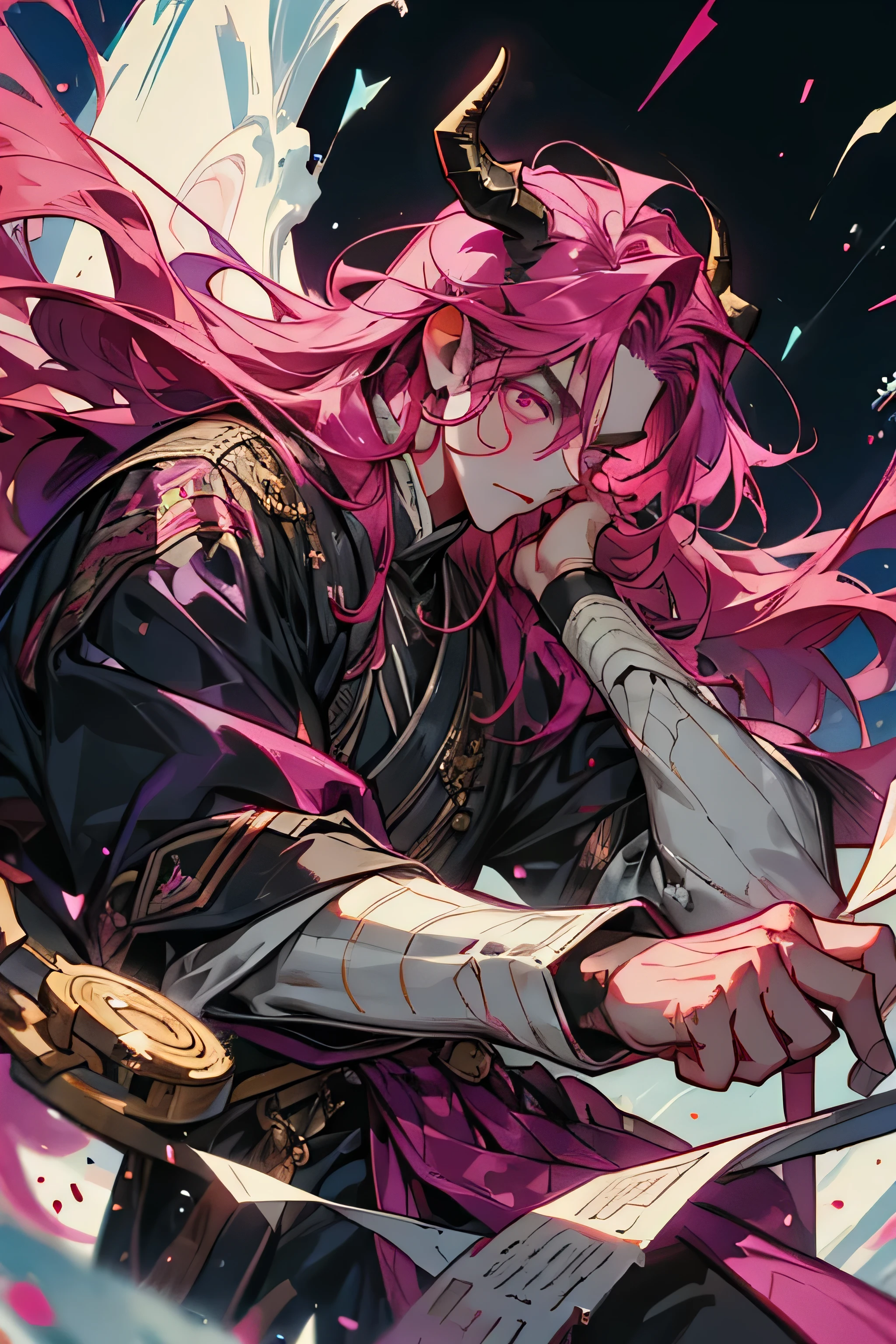 1male, adult, beard, finely detailed red eyes, long messy braided dreads, lavender ombré hair color, compression shirt, amulet, loose baggy pants, bandages wrapped around arms, standing with arms folded, standing on open trail, night, village, muscular, serious
