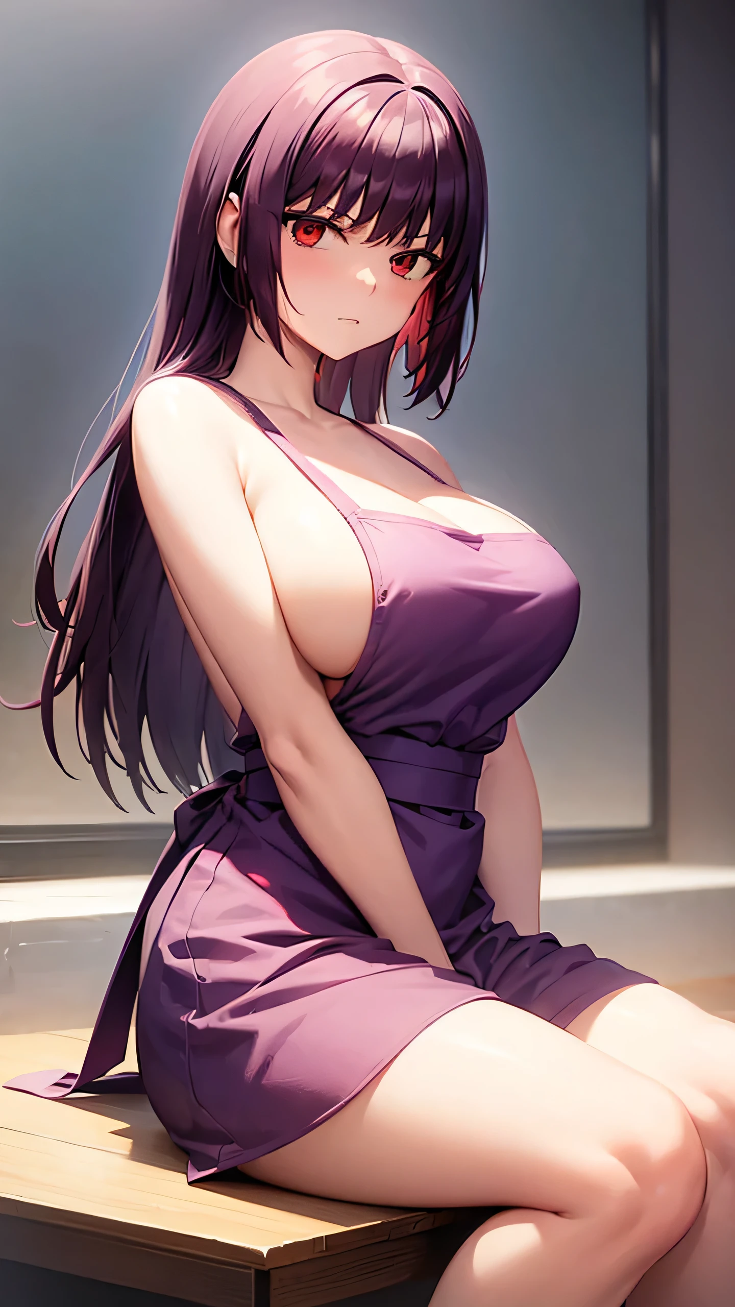 Female, Sana Sunomiya, Red eyes, Long purple hair, Apron, Voluptuous, Sitting, Sideboob, Armpit, (No pants), (No panties)